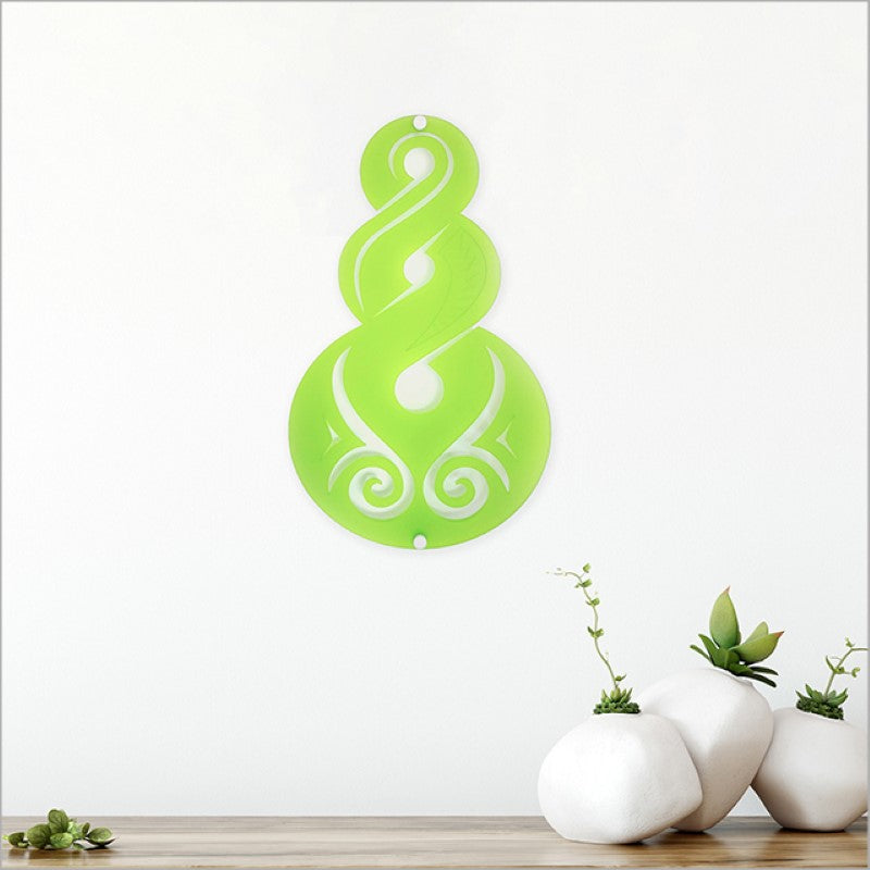 Kiwiana wall art featuring large lime Pikorua design, symbolizing connection and life's journey, crafted from satin acrylic.