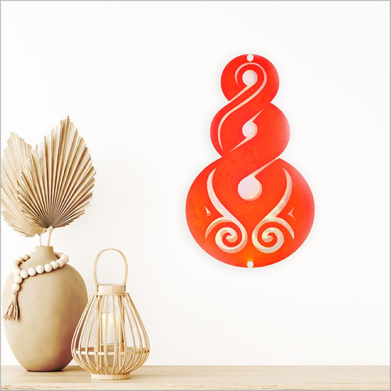 Kiwiana Wall Art featuring a large red satin acrylic Pikorua symbolizing connection and life's journey, ideal for home decor.