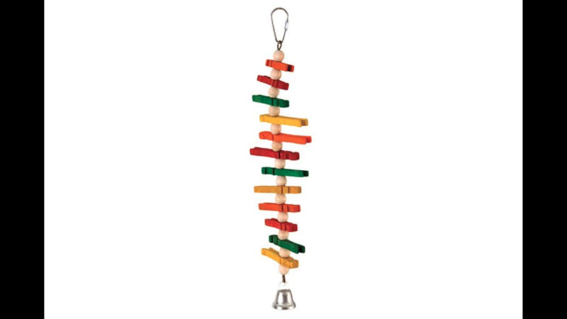 Colorful wooden pins chew toy for birds, promoting mental stimulation and reducing boredom in cages.