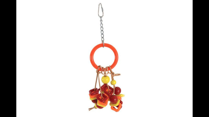 Colorful Tug Ring bird toy made of BPA-free plastic and leather strips for playful chewing and tugging, ideal for small birds.