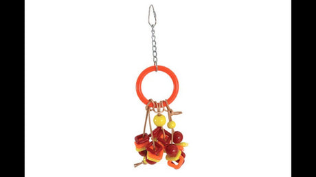 Colorful Tug Ring bird toy made of BPA-free plastic and leather strips for playful chewing and tugging, ideal for small birds.