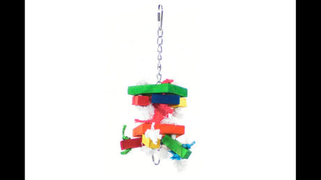 Vibrant medium bird cage toy featuring colorful blocks and knots for chewing and climbing, ideal for parrots and conures.