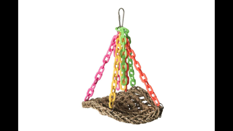 Colorful woven bird hammock with multiple textures, perfect for swinging and lounging in birdcages.