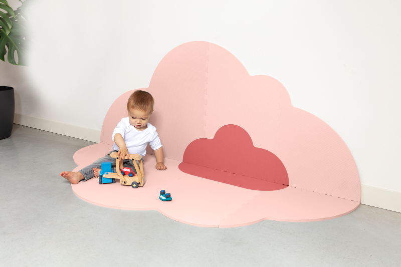 Soft blush rose playmat with cloud design, 12mm EVA foam, safe for kids, ideal for crawling and tummy time.