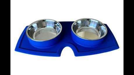 Vibrant blue double diner feeding bowl for pets with anti-skid design and removable stainless steel bowls for easy cleaning.