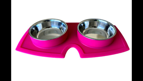 Stylish pink silicone double diner for pets, featuring anti-skid design and removable stainless steel bowls, 225mL capacity.