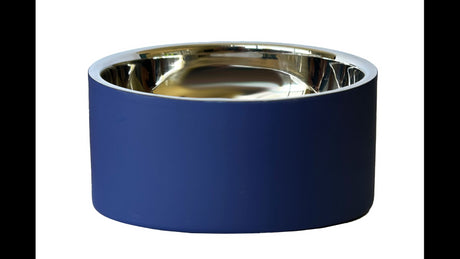 Eclipse Double Walled Pet Feeding Bowl in blue, featuring durable stainless steel, insulation, skid-resistant base, and dishwasher-safe design.