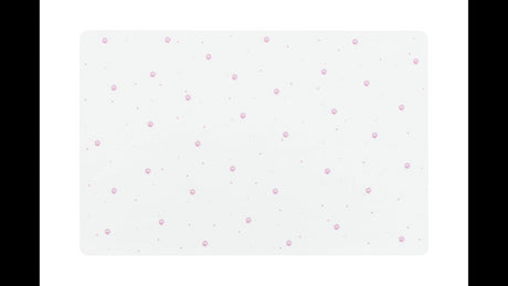 Bright pink paw print pet feeding placemat, non-slip, 44 x 28 cm, protects floors from spills during meals.