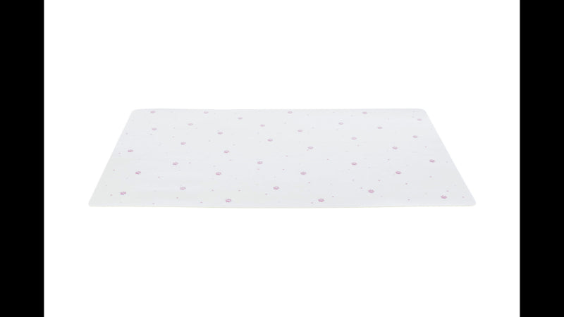 Cute pink paw print placemat for pets, 44x28 cm, non-slip, protects floors during feeding, easy to clean.