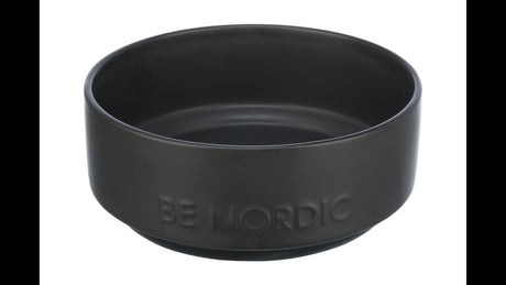 BE NORDIC Non-Slip Pet Feeding Bowl, 1.2L black ceramic with rubber base, ideal for dogs and cats, supporting sustainability.