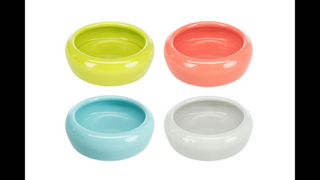 Ceramic pet feeding bowl with a rounded rim, 10cm, ideal for small pets and available in four random colors.