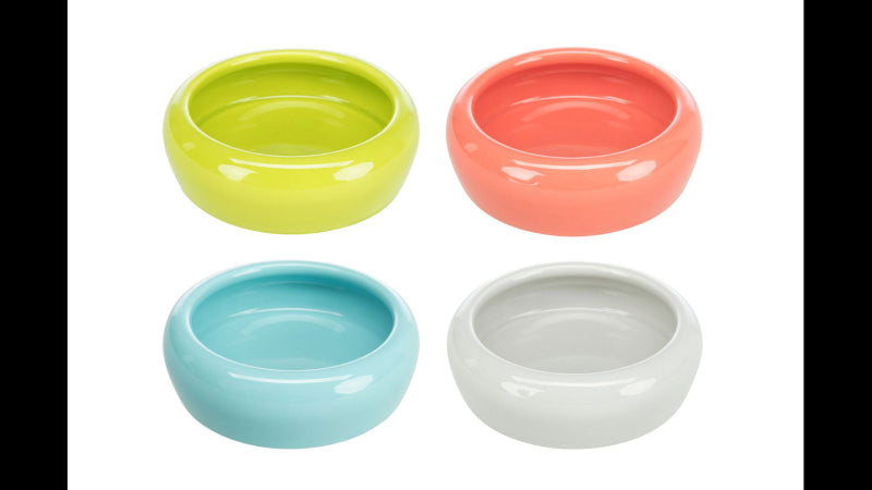 Ceramic 11cm pet feeding bowl with a rounded rim, durable design, 200mL capacity, and available in four vibrant colors.