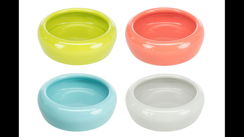 Ceramic pet feeding bowl with a rounded rim, 15cm, 400mL capacity, available in four random colors.