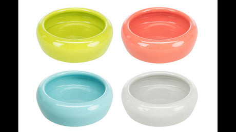 Ceramic pet feeding bowl with a rounded rim, 15cm, 400mL capacity, available in four random colors.