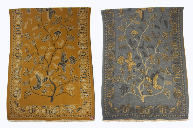 Reversible mustard scarf featuring bird and flower patterns, 65x190cm with 2cm fringe, perfect for stylish layering.