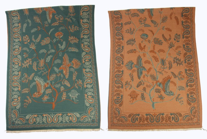 Reversible teal scarf featuring bird and floral patterns, 65x190cm with 2cm fringe, perfect for stylish layering.