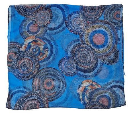 Set of 2 blue Concentric Circles Scarves, 45x160 cm, self-fringe detailing, perfect for versatile styling and warmth.