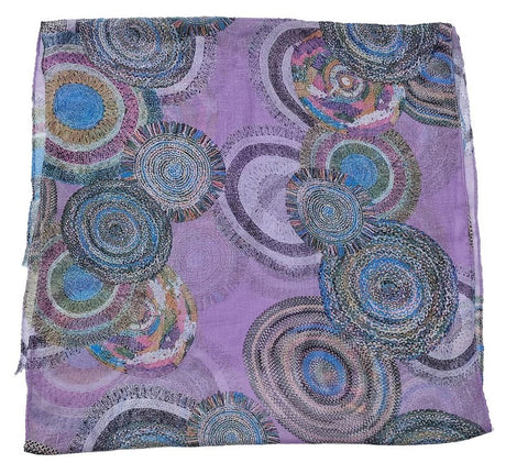 Set of 2 vibrant purple scarves featuring a concentric circles design and soft self-fringe detailing, perfect for versatile styling.