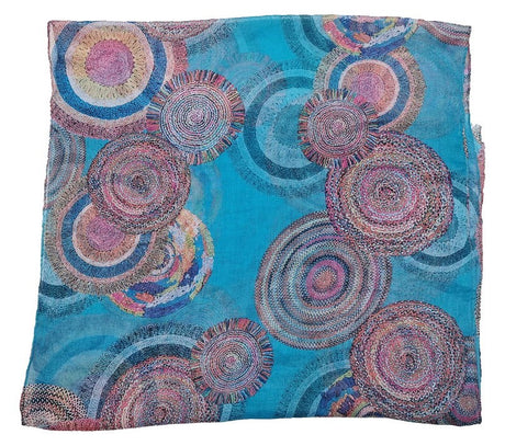 Teal concentric circles scarves set of 2, lightweight polyester with self-fringes, perfect for versatile styling.