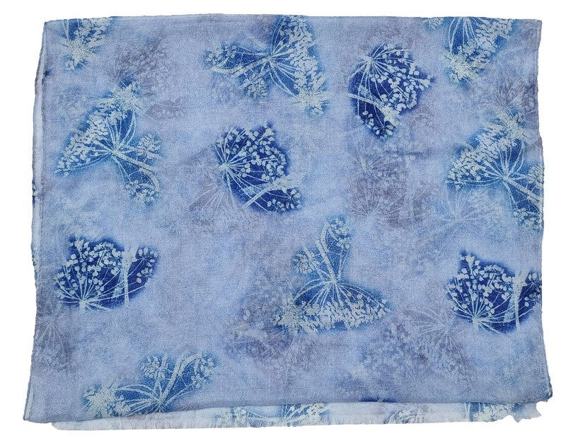 Blue butterfly print scarf set of 2, 45 x 160 cm, 100% polyester, soft, stylish, versatile for any occasion.