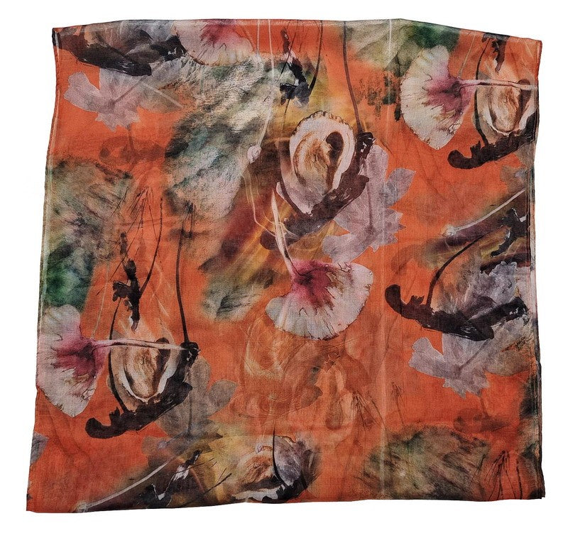 Bright orange Abstract Leaves Scarves set of 2, 45x160 cm, lightweight polyester with self-fringed edges for versatile styling.