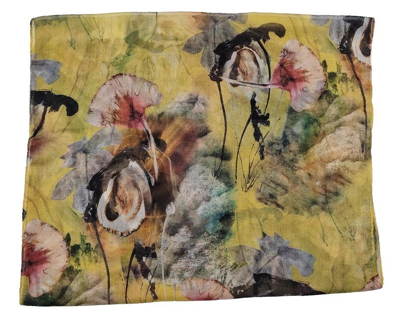 Vibrant yellow Abstract Leaves Scarf set of 2, featuring nature-inspired design, self-fringes, and soft polyester fabric.