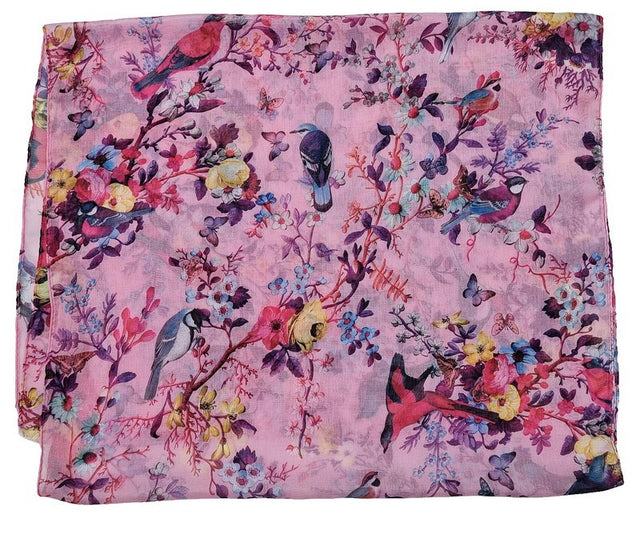 Elegant pink bird and flower scarves set of 2, made from soft polyester with fringes, perfect for any occasion.