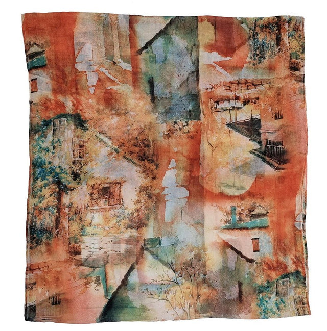 Set of 2 apricot Watercolour Houses Scarves, 45x160cm, featuring charming house designs and elegant self-fringe detailing.