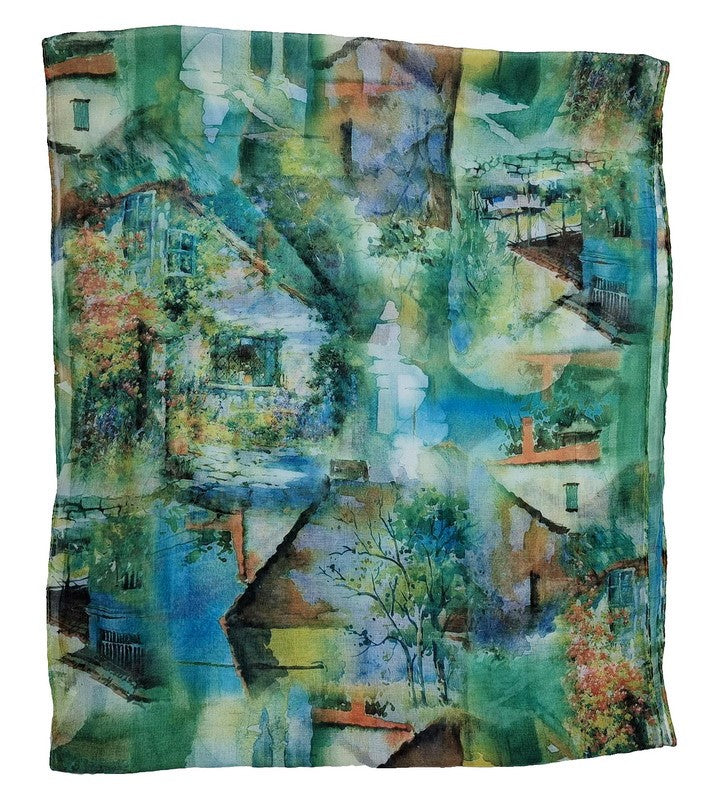 Vibrant green Watercolour Houses scarf set of 2, 45x160 cm, featuring artistic house patterns and elegant self fringes.