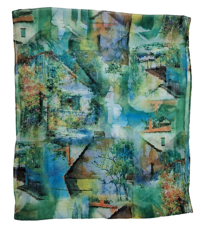 Vibrant green Watercolour Houses scarf set of 2, 45x160 cm, featuring artistic house patterns and elegant self fringes.