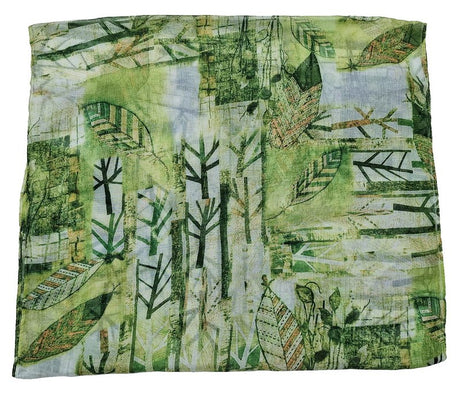 Vibrant lime Leaves and Trees scarves set of 2, featuring nature patterns and self-fringe detailing for stylish versatility.