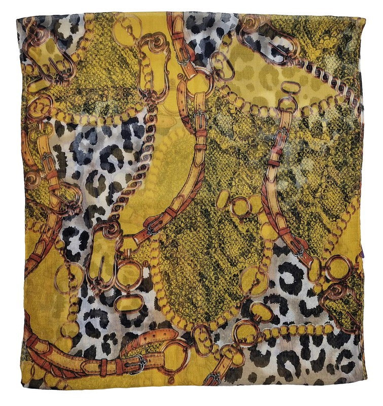 Set of 2 mustard scarves featuring a leopard print and chain design, measuring 45x160 cm with self-fringed ends.