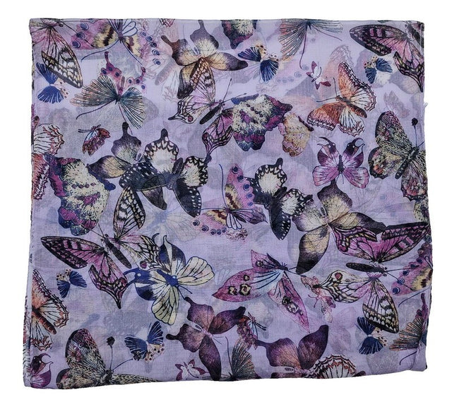 Two vibrant purple scarves featuring a playful butterfly print, made of soft polyester with elegant self-fringes.