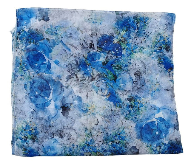 Set of 2 blue watercolour roses scarves, lightweight polyester, elegant floral pattern with self-fringed edges.