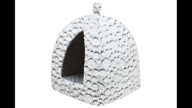 Luxurious grey fleck cat cave with plush material, removable cushion, and non-slip bottom for ultimate cat comfort.