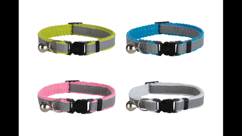 Elastic Cat Collar with Reflective Stripe, adjustable fit, safety bell, quick-release lock, and vibrant colors for visibility.