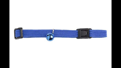 Elastic blue cat safety collar featuring a quick escape design, adjustable fit, and a matching anodized bell for eco-friendliness.