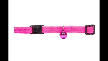 Elastic pink cat safety collar with adjustable fit and matching bell for comfort and protection from entanglement.