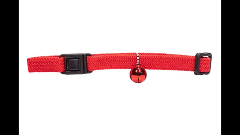 Elastic red cat safety collar with adjustable size, quick escape feature, and matching bell for outdoor adventures.