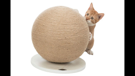 Stylish 29cm jute scratching globe on a sturdy MDF base, promoting healthy claw maintenance for cats.