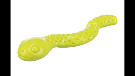 Vibrant green 27cm Snack-Snake dog toy made of durable TPR with a mild squeaker, perfect for interactive play and healthy chewing.