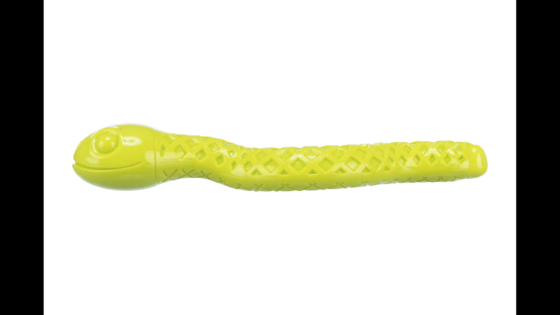 Green Snack-Snake dog toy, 27cm long, made of durable TPR, with a mild squeaker and slot for treats or pastes.