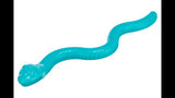 Brightly colored 59cm Snack-Snake dog toy made of durable TPR with treat slots and a squeaker for engaging playtime.