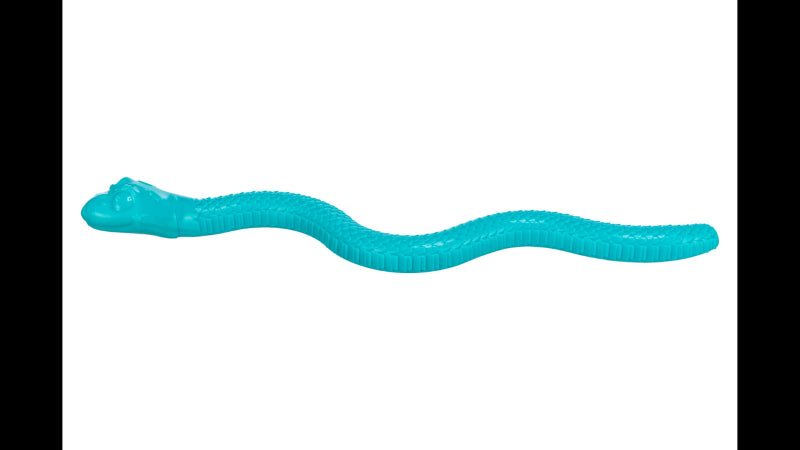 Colorful 59cm Snack-Snake Dog Toy made from durable TPR, features a treat slot and squeaker for interactive playtime.