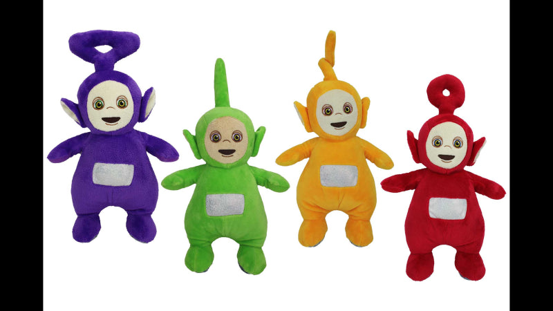 Plush 25cm Teletubbies dog toy featuring Tinky-Winky, Dipsy, Laa Laa, and Po with a built-in squeaker for fun playtime.