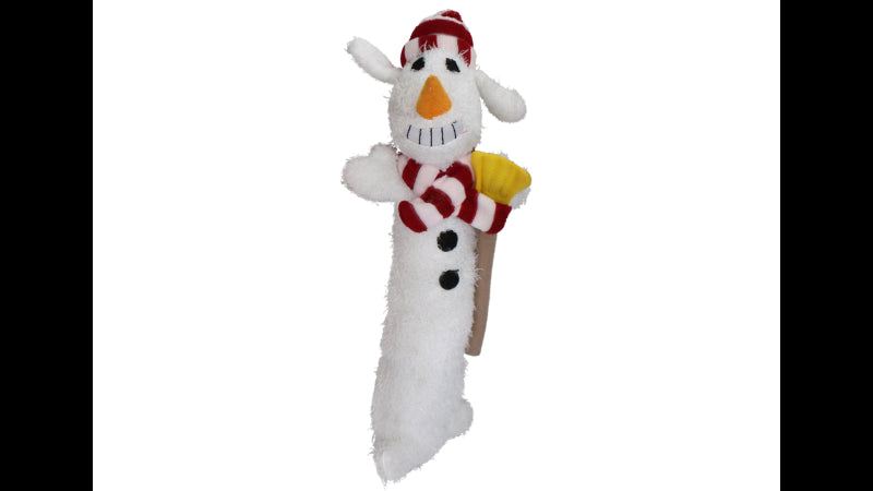 Festive 30cm plush Loofa Snowman dog toy with squeaker for interactive play and cuddling during the holiday season.