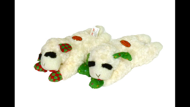 Soft 25cm Xmas Lamb Chop dog toy with squeaker, festive patterns, perfect for cuddling and playtime.