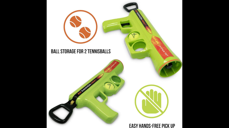 K9K2 Mini Kannon Tennis Ball Launcher for small dogs, featuring hands-free pickup and extra ball storage for endless fetch fun.