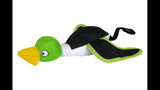 Green Flying Duck dog toy for interactive fetch, launches 40 feet, ideal for water and outdoor play, made of durable material.