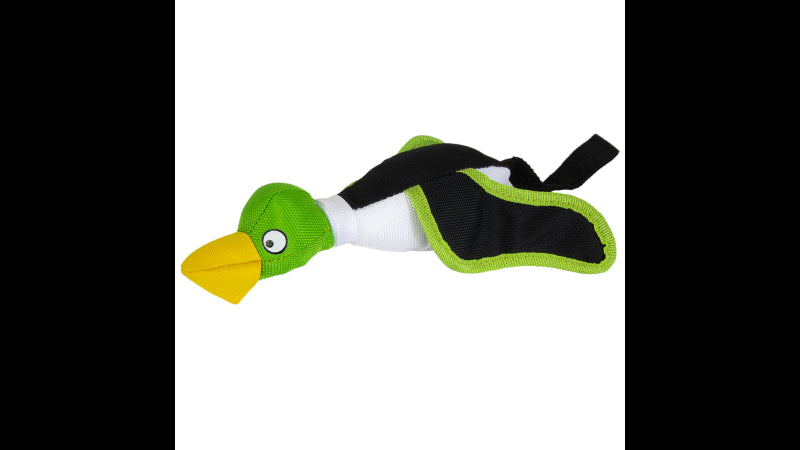 Bright green Flying Mini Duck dog toy, launches up to 40 feet for exciting fetch and floats in water for versatile fun.